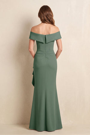 Sea Glass Off-the-Shoulder Mermaid Satin Mother of the Bride Dress with Ruffles (2) | KISSBRIDAL
