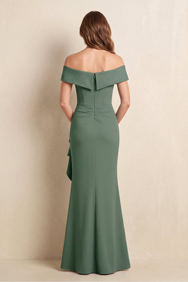 Sea Glass Off-the-Shoulder Mermaid Satin Mother of the Bride Dress with Ruffles (2) | KISSBRIDAL