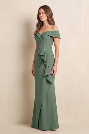 Sea Glass Off-the-Shoulder Mermaid Satin Mother of the Bride Dress with Ruffles (3) | KISSBRIDAL