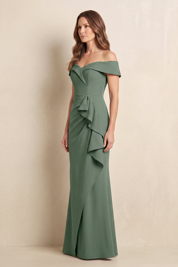 Sea Glass Off-the-Shoulder Mermaid Satin Mother of the Bride Dress with Ruffles (3) | KISSBRIDAL