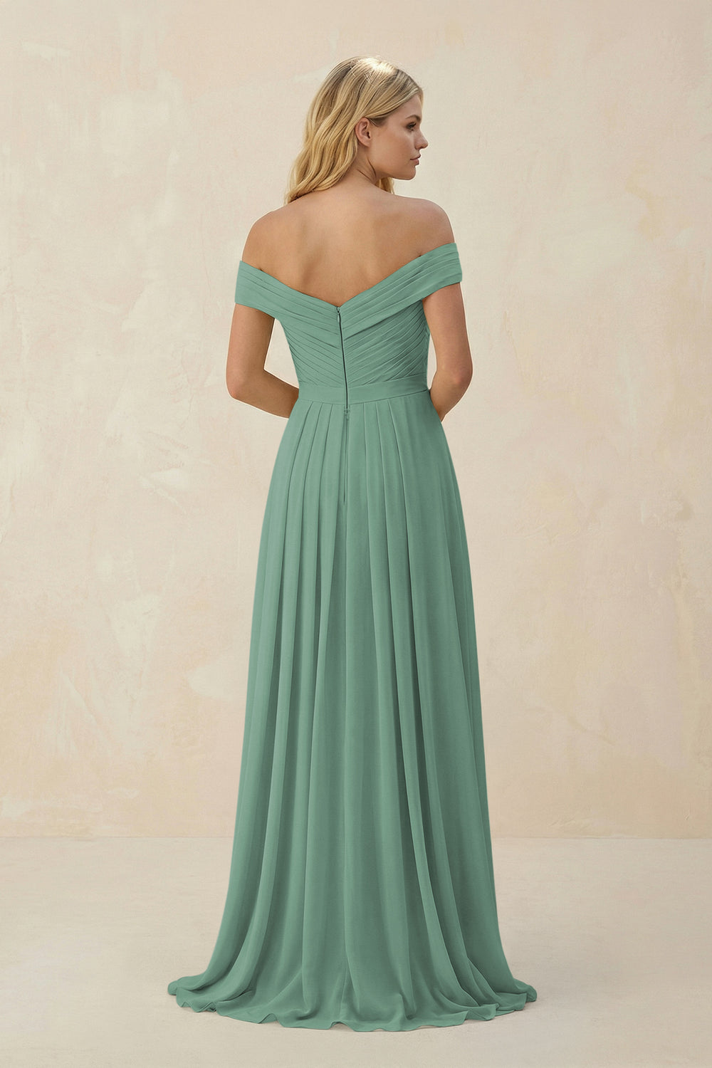 Off-the-Shoulder Pleated A-Line Chiffon Bridesmaid Dress in Sea Glass