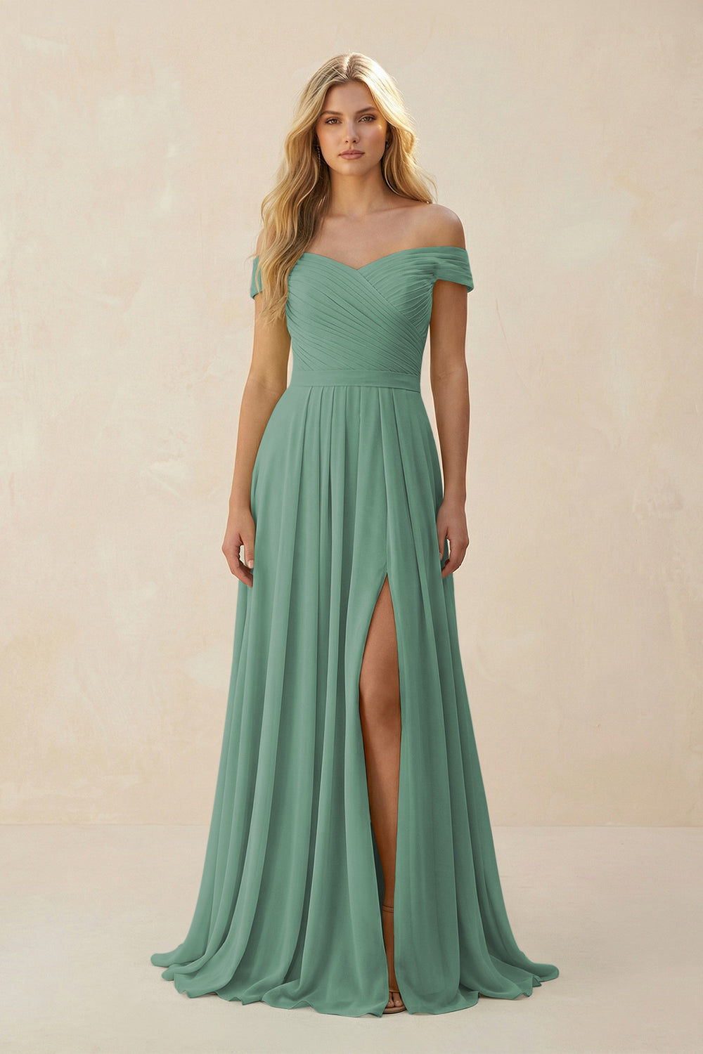 Off-the-Shoulder Pleated A-Line Chiffon Bridesmaid Dress in Sea Glass