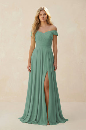 Sea Glass Off-the-Shoulder Pleated A-Line Chiffon Bridesmaid Dress | KISSBRIDAL