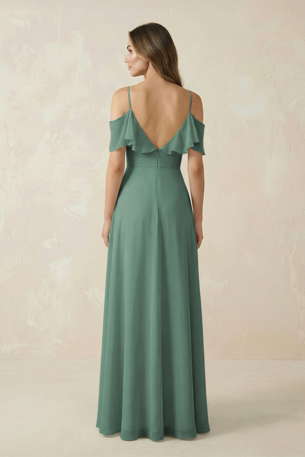 Off-the-Shoulder Ruffled A-Line Chiffon Bridesmaid Dress in Sea Glass