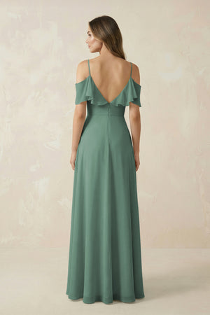 Sea Glass Off-the-Shoulder Ruffled A-Line Chiffon Bridesmaid Dress (2) | KISSBRIDAL