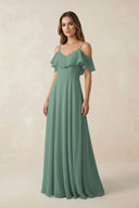 Sea Glass Off-the-Shoulder Ruffled A-Line Chiffon Bridesmaid Dress | KISSBRIDAL