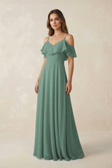 Sea Glass Off-the-Shoulder Ruffled A-Line Chiffon Bridesmaid Dress | KISSBRIDAL