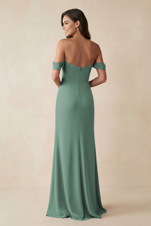 Sea Glass Off-the-Shoulder Sheath Bridesmaid Dress with Slit (2) | KISSBRIDAL