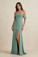 Sea Glass Off-the-Shoulder Sheath Bridesmaid Dress with Slit | KISSBRIDAL