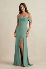 Sea Glass Off-the-Shoulder Sheath Bridesmaid Dress with Slit | KISSBRIDAL