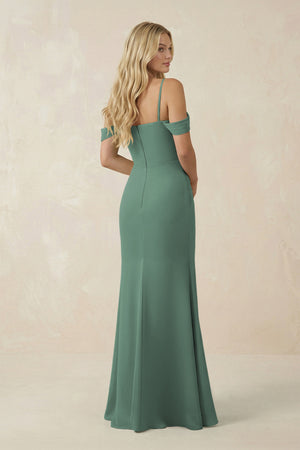 Sea Glass Off-the-Shoulder Sheath Chiffon Ruched Bridesmaid Dress (2) | KISSBRIDAL