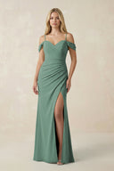 Sea Glass Off-the-Shoulder Sheath Chiffon Ruched Bridesmaid Dress | KISSBRIDAL