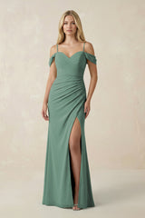 Sea Glass Off-the-Shoulder Sheath Chiffon Ruched Bridesmaid Dress | KISSBRIDAL
