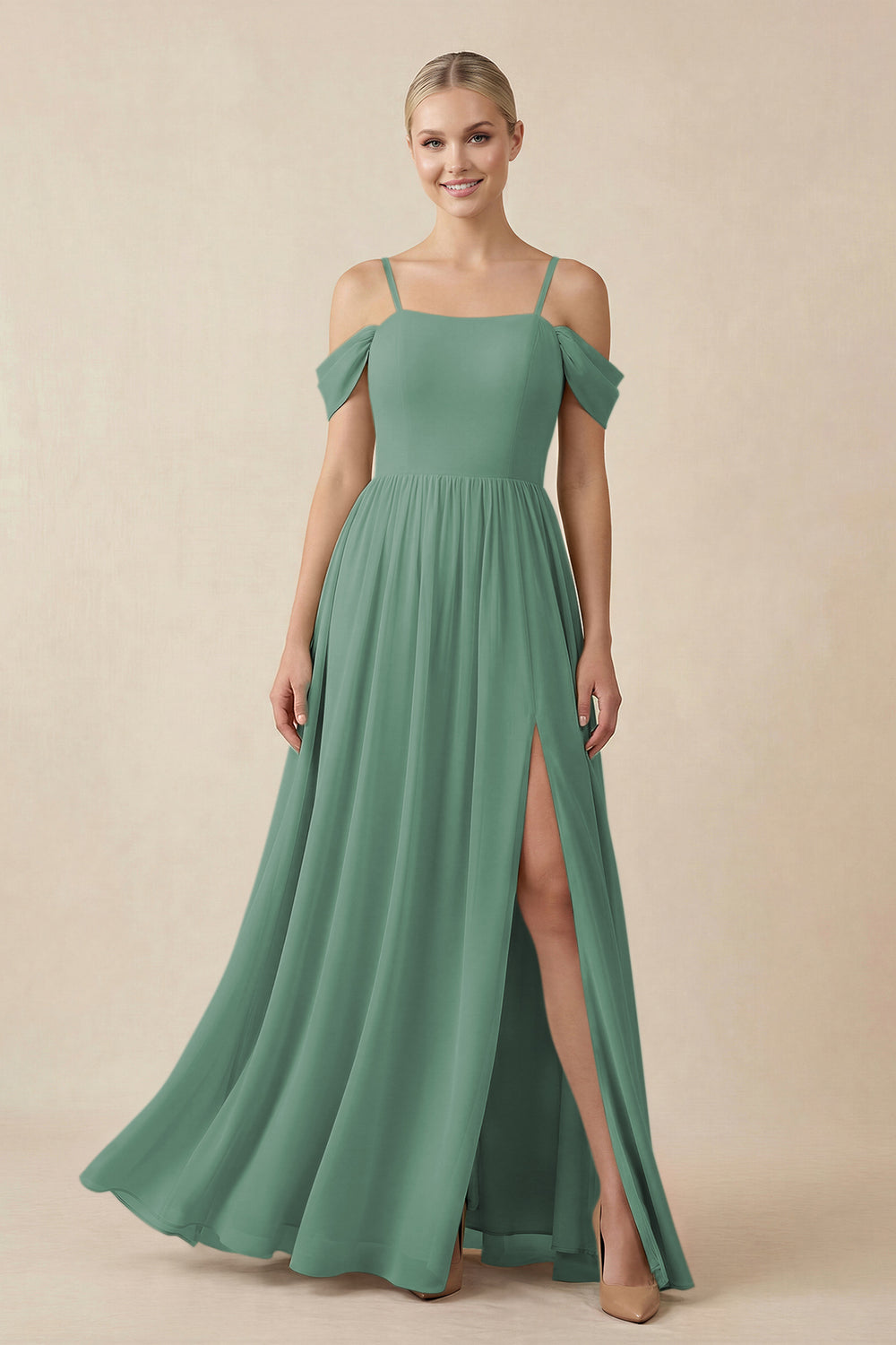 Off-the-Shoulder Sweetheart A-Line Chiffon Bridesmaid Dress in Sea Glass