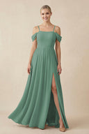 Sea Glass Off-the-Shoulder Sweetheart A-Line Chiffon Bridesmaid Dress | KISSBRIDAL