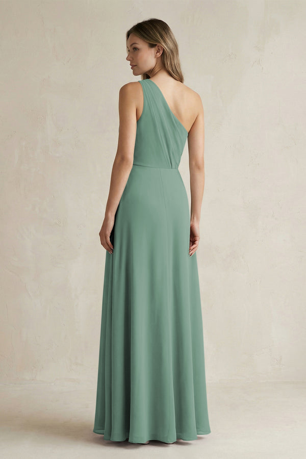 Sea Glass One-Shoulder Chiffon A-Line Bridesmaid Dress With Slit (2) | KISSBRIDAL