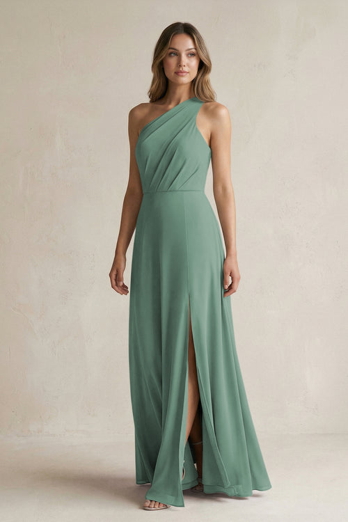 Sea Glass One-Shoulder Chiffon A-Line Bridesmaid Dress With Slit | KISSBRIDAL