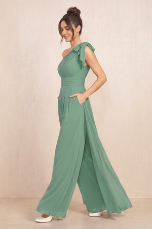 Sea Glass One-Shoulder Chiffon Mother of the Bride Jumpsuits (3) | KISSBRIDAL