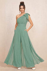 Sea Glass One-Shoulder Chiffon Mother of the Bride Jumpsuits | KISSBRIDAL