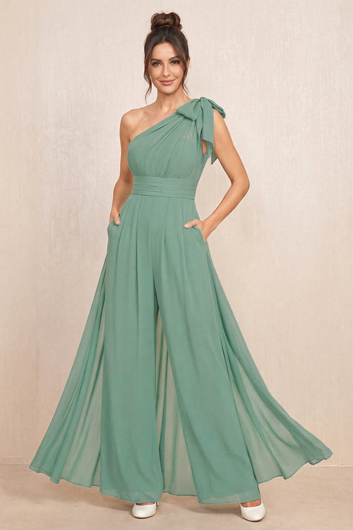Sea Glass One-Shoulder Chiffon Mother of the Bride Jumpsuits | KISSBRIDAL