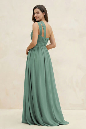 Sea Glass One-Shoulder Pleated A-Line Chiffon Bridesmaid Dress (2) | KISSBRIDAL