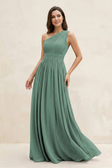 Sea Glass One-Shoulder Pleated A-Line Chiffon Bridesmaid Dress | KISSBRIDAL
