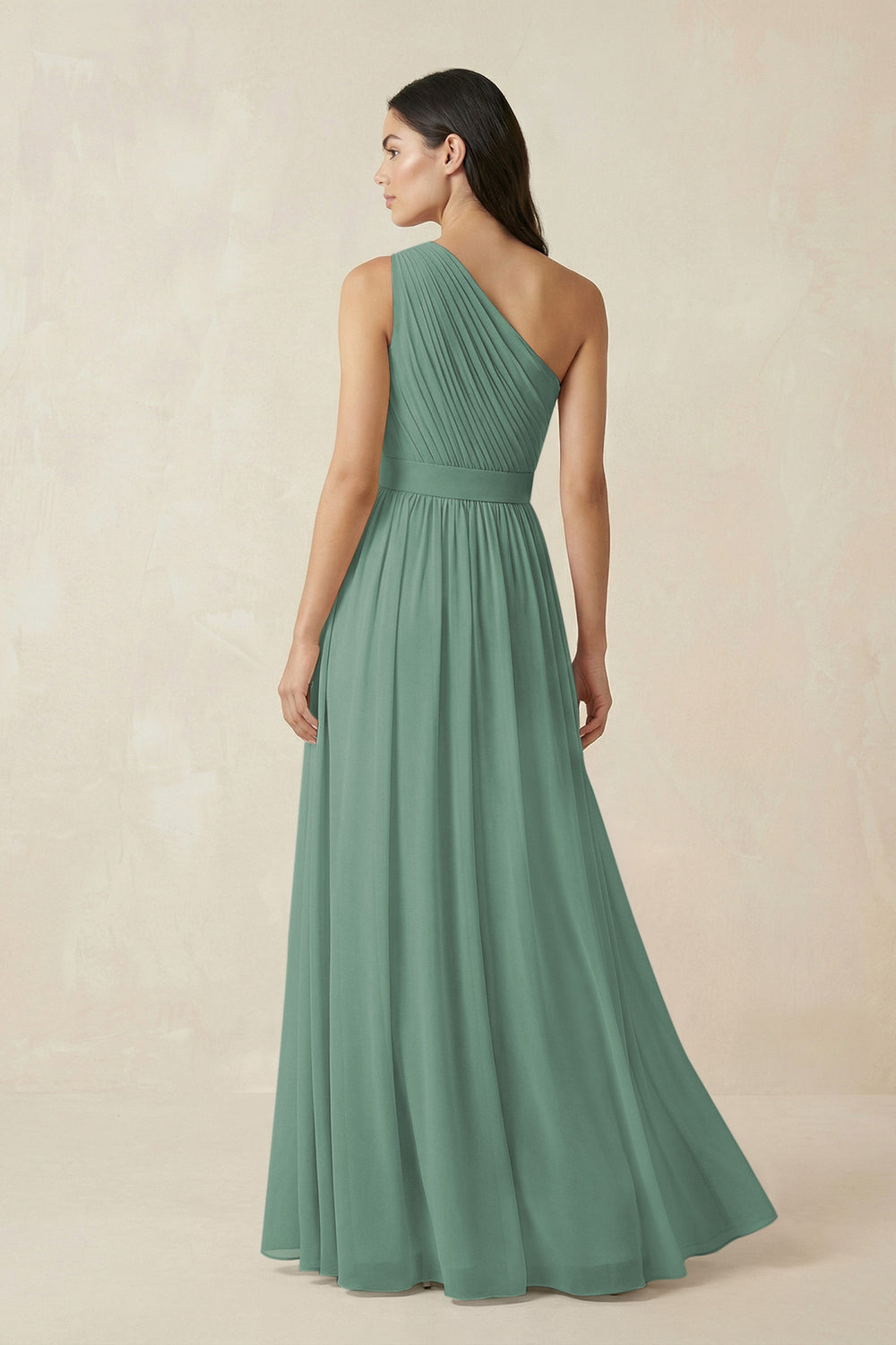 One-Shoulder Pleated Chiffon Bridesmaid Gown in Sea Glass