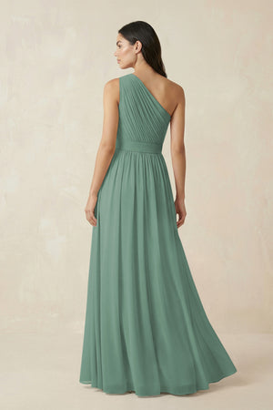 Sea Glass One-Shoulder Pleated Chiffon Bridesmaid Gown (2) | KISSBRIDAL
