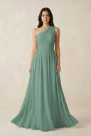 Sea Glass One-Shoulder Pleated Chiffon Bridesmaid Gown | KISSBRIDAL