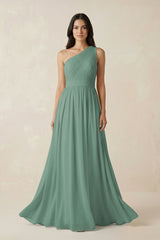 Sea Glass One-Shoulder Pleated Chiffon Bridesmaid Gown | KISSBRIDAL