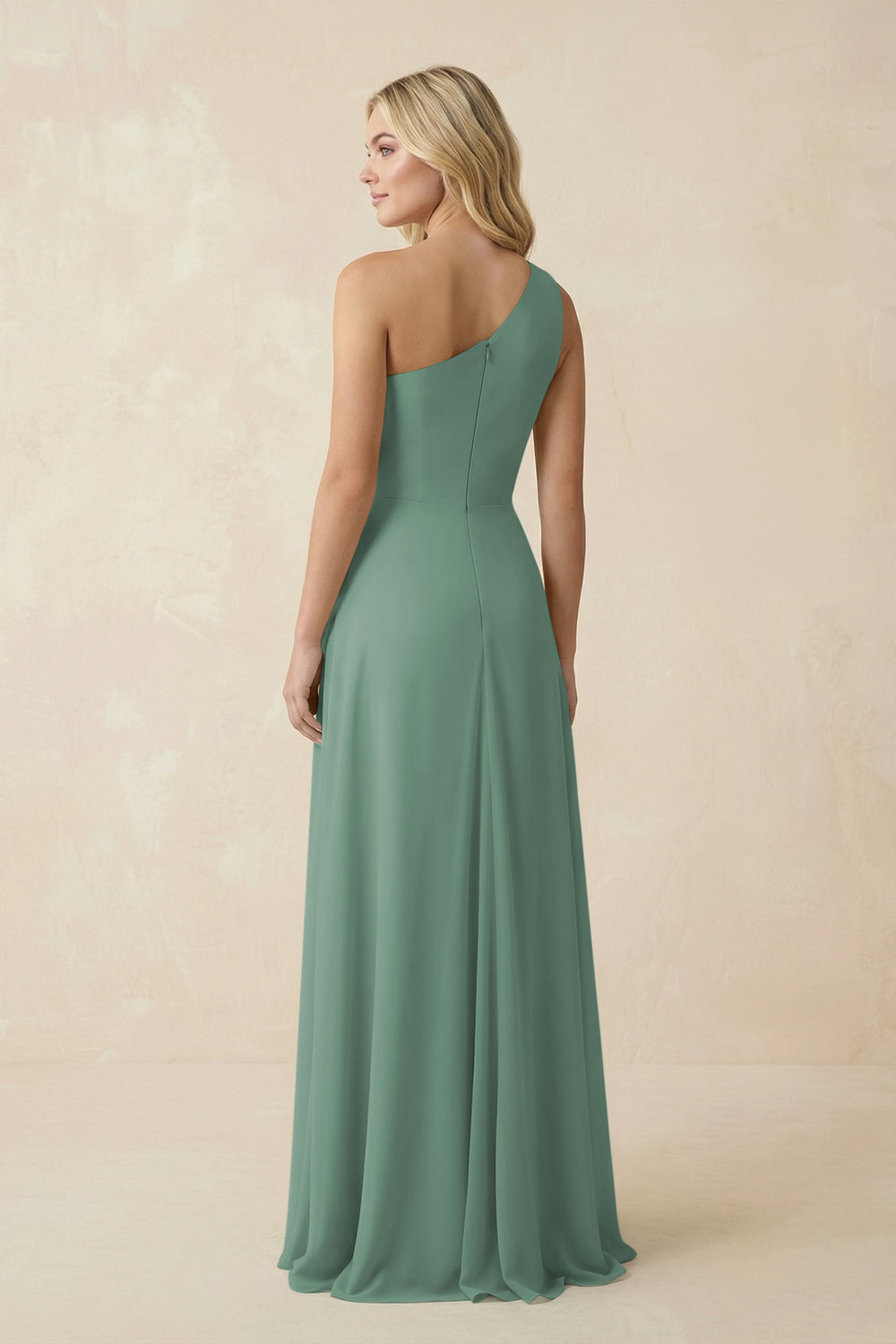 One-Shoulder Ruched A-Line Chiffon Bridesmaid Dress in Sea Glass