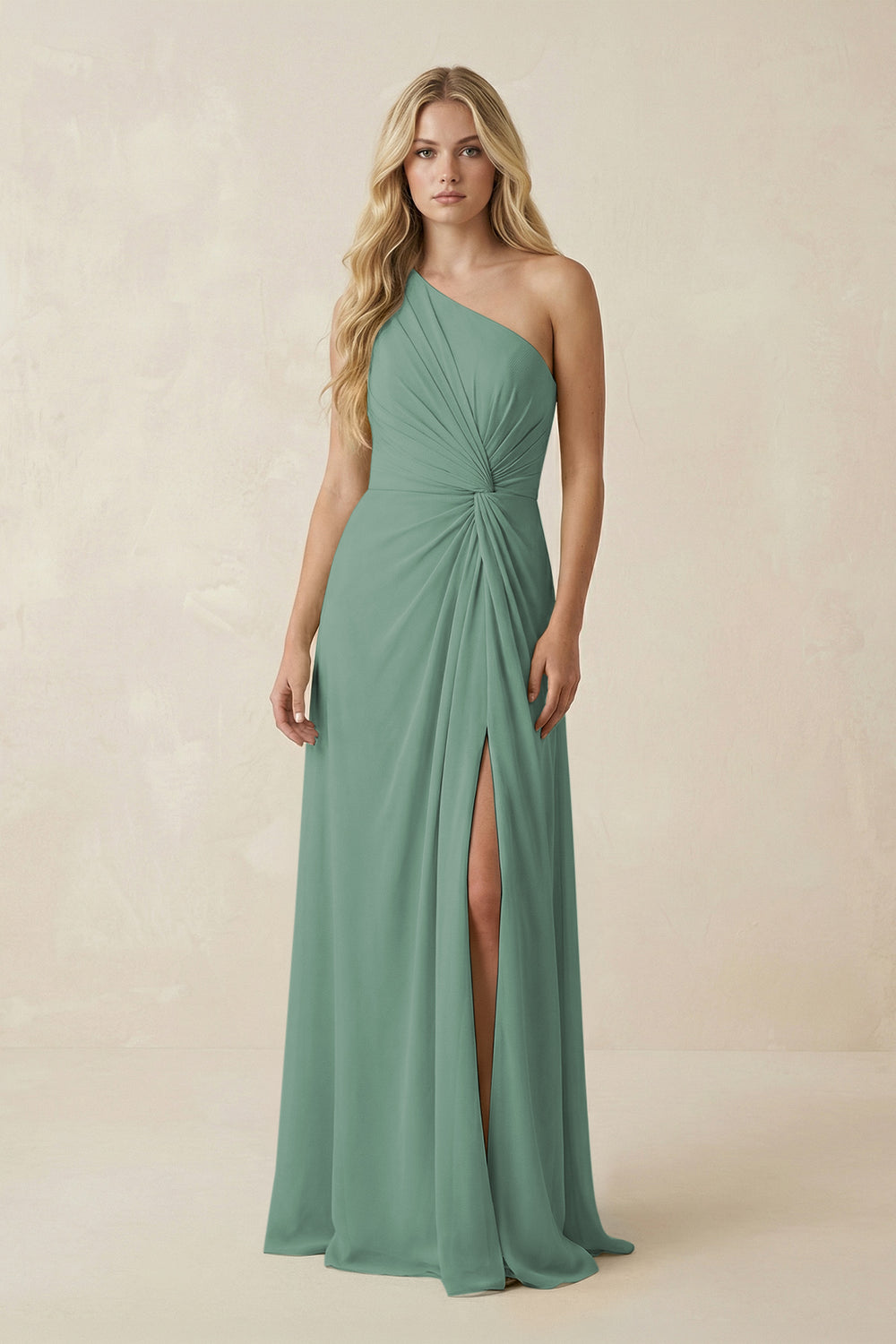 One-Shoulder Ruched A-Line Chiffon Bridesmaid Dress in Sea Glass