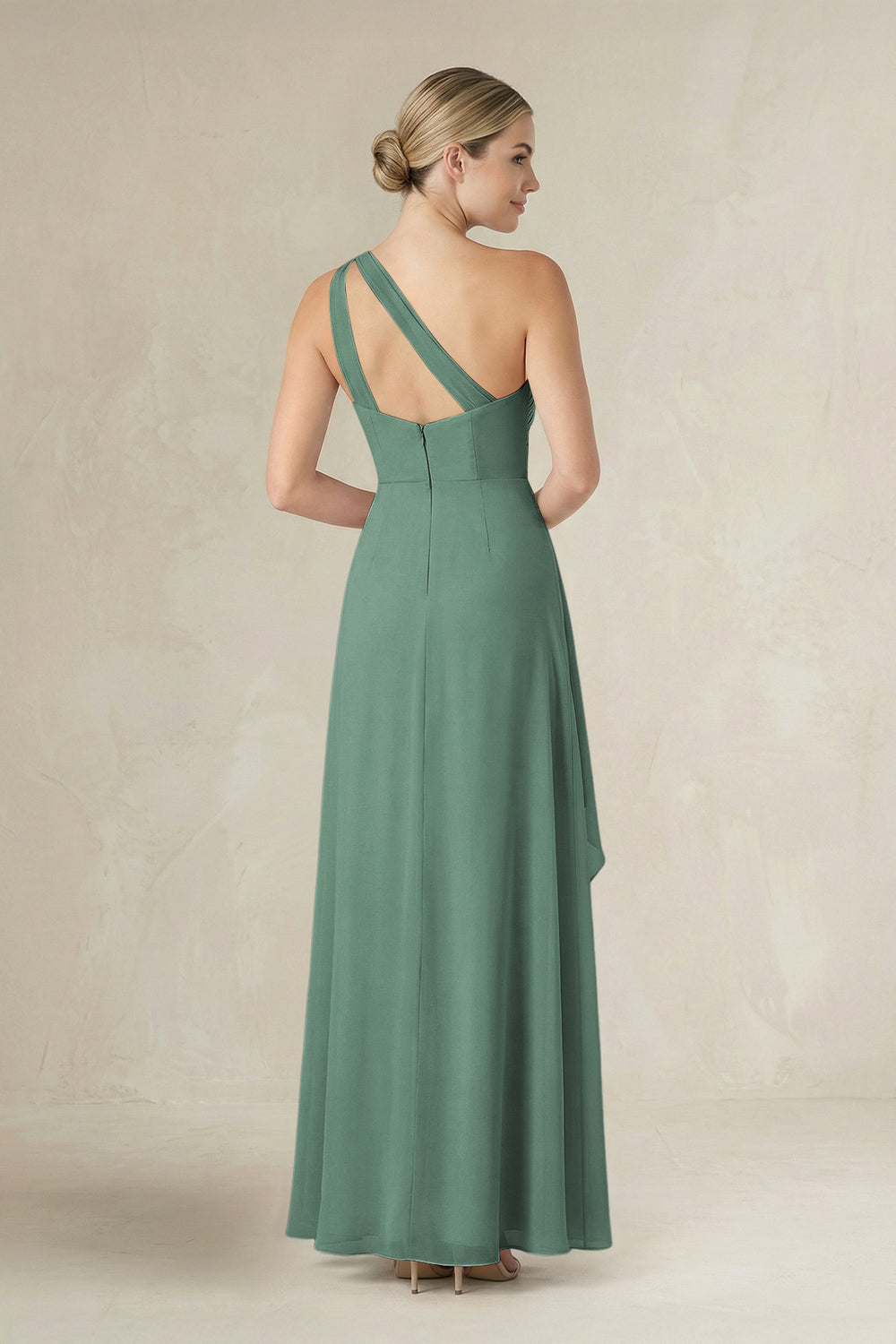 One-Shoulder Sheath Ruched Ruffled Bridesmaid Dress in Sea Glass
