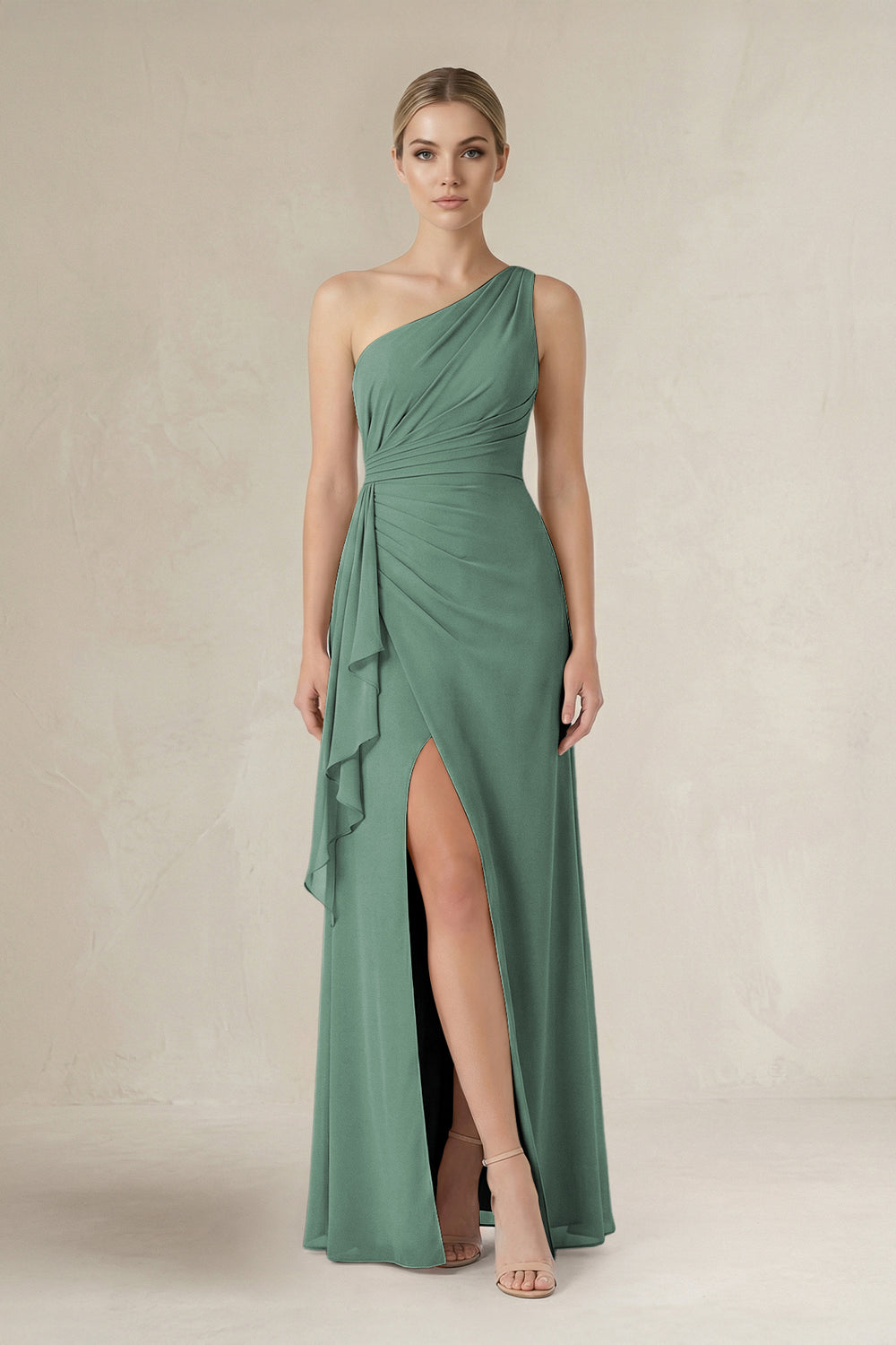 One-Shoulder Sheath Ruched Ruffled Bridesmaid Dress in Sea Glass