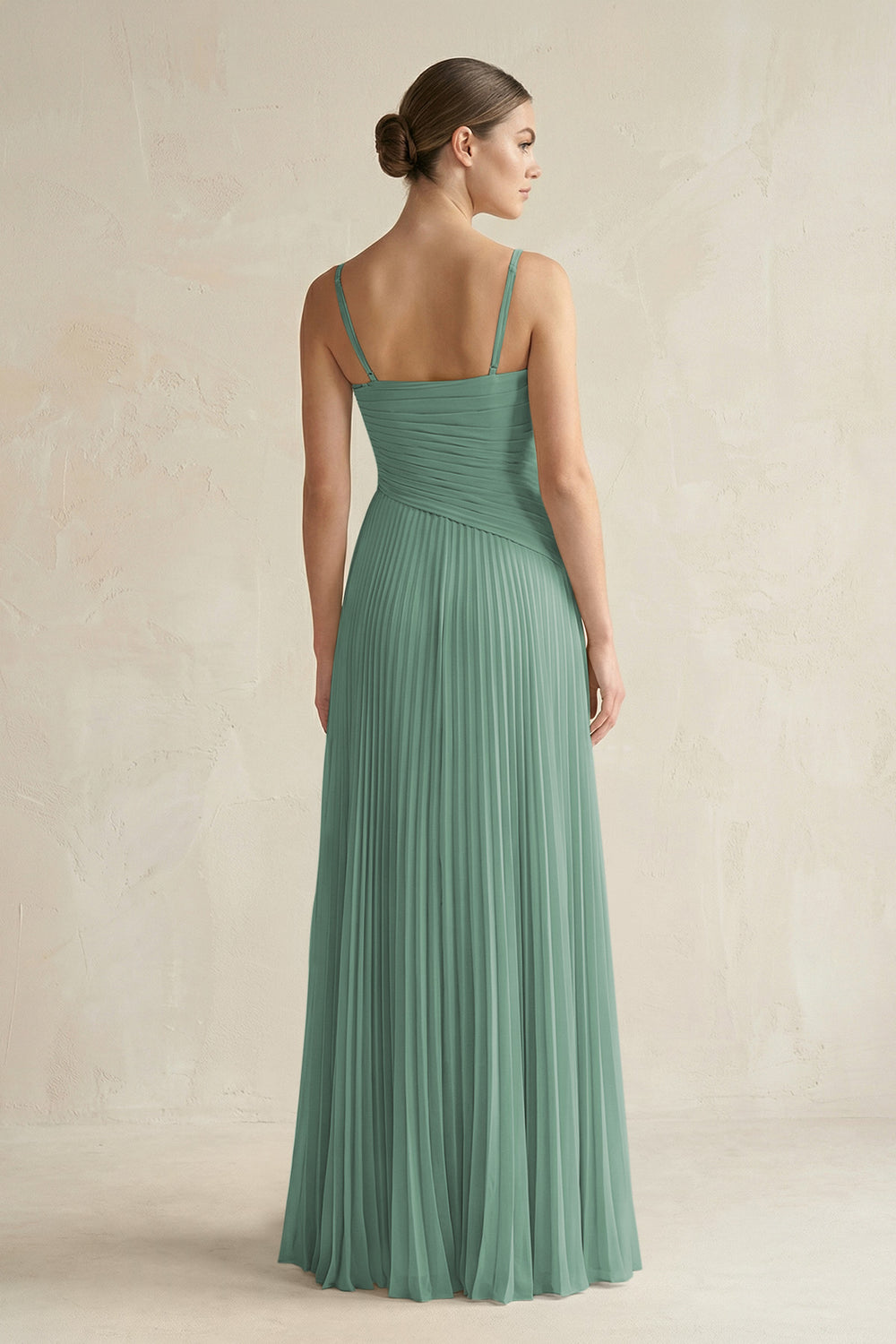 Pleated A-Line Long Chiffon Bridesmaid Dress in Sea Glass