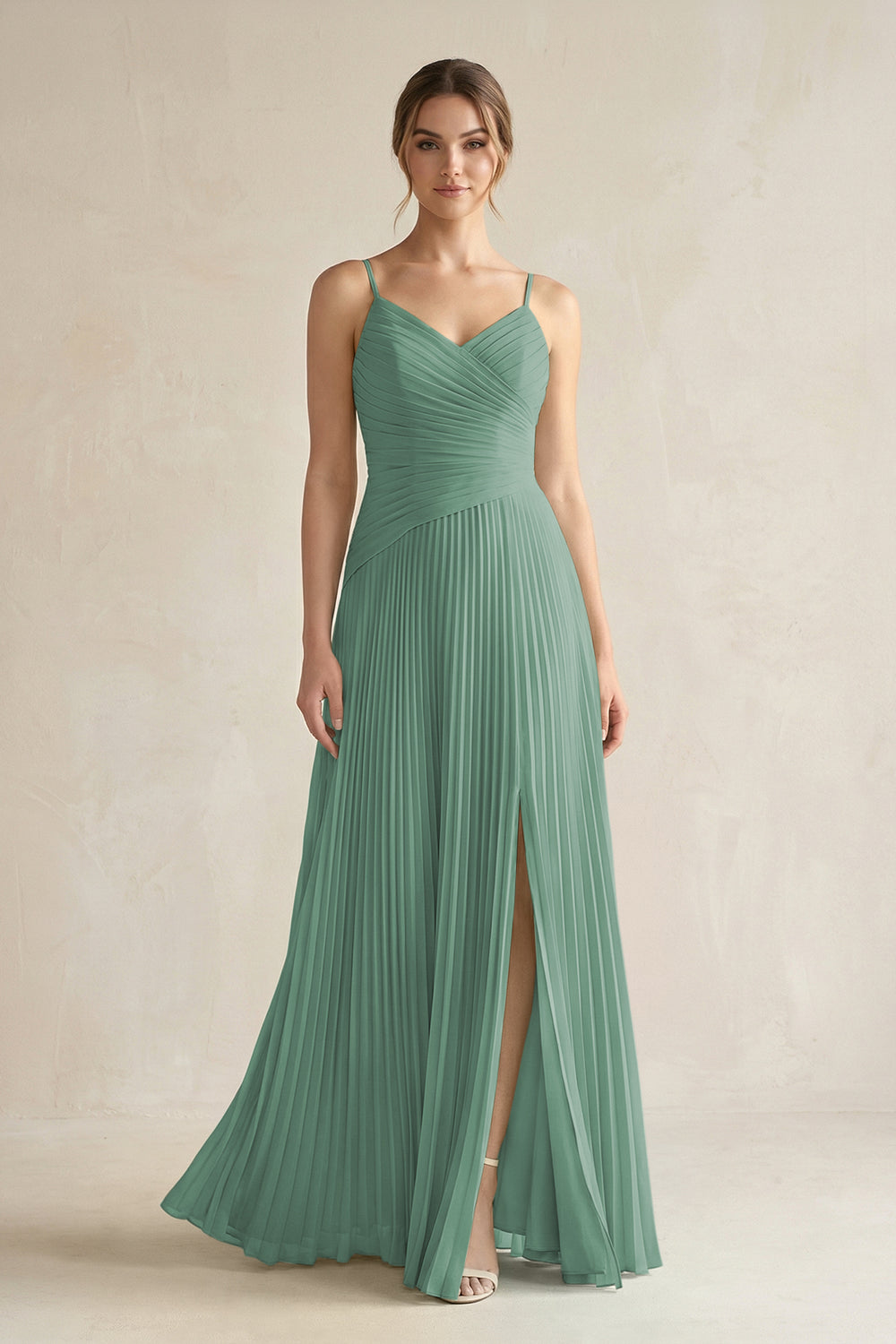 Pleated A-Line Long Chiffon Bridesmaid Dress in Sea Glass