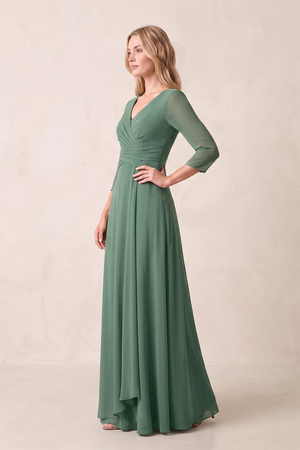 Sea Glass Pleated Chiffon A-Line V-Neck Mother of the Bride Dress (3) | KISSBRIDAL