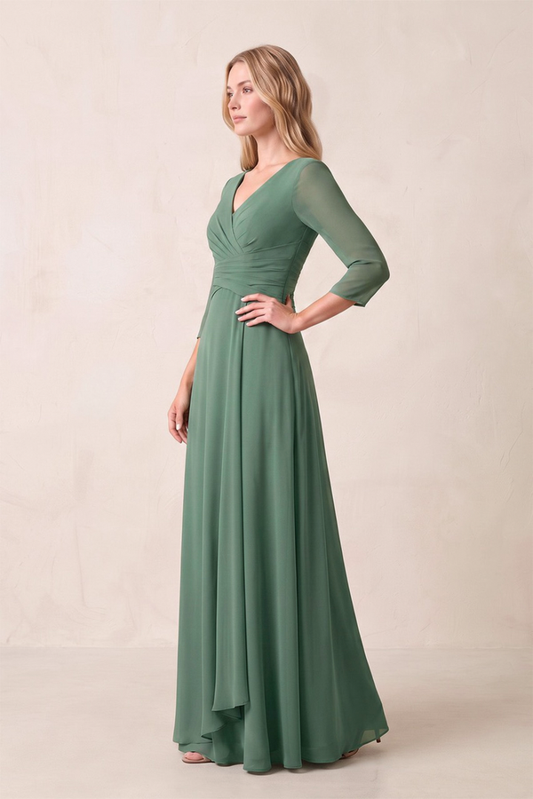 Sea Glass Pleated Chiffon A-Line V-Neck Mother of the Bride Dress (3) | KISSBRIDAL