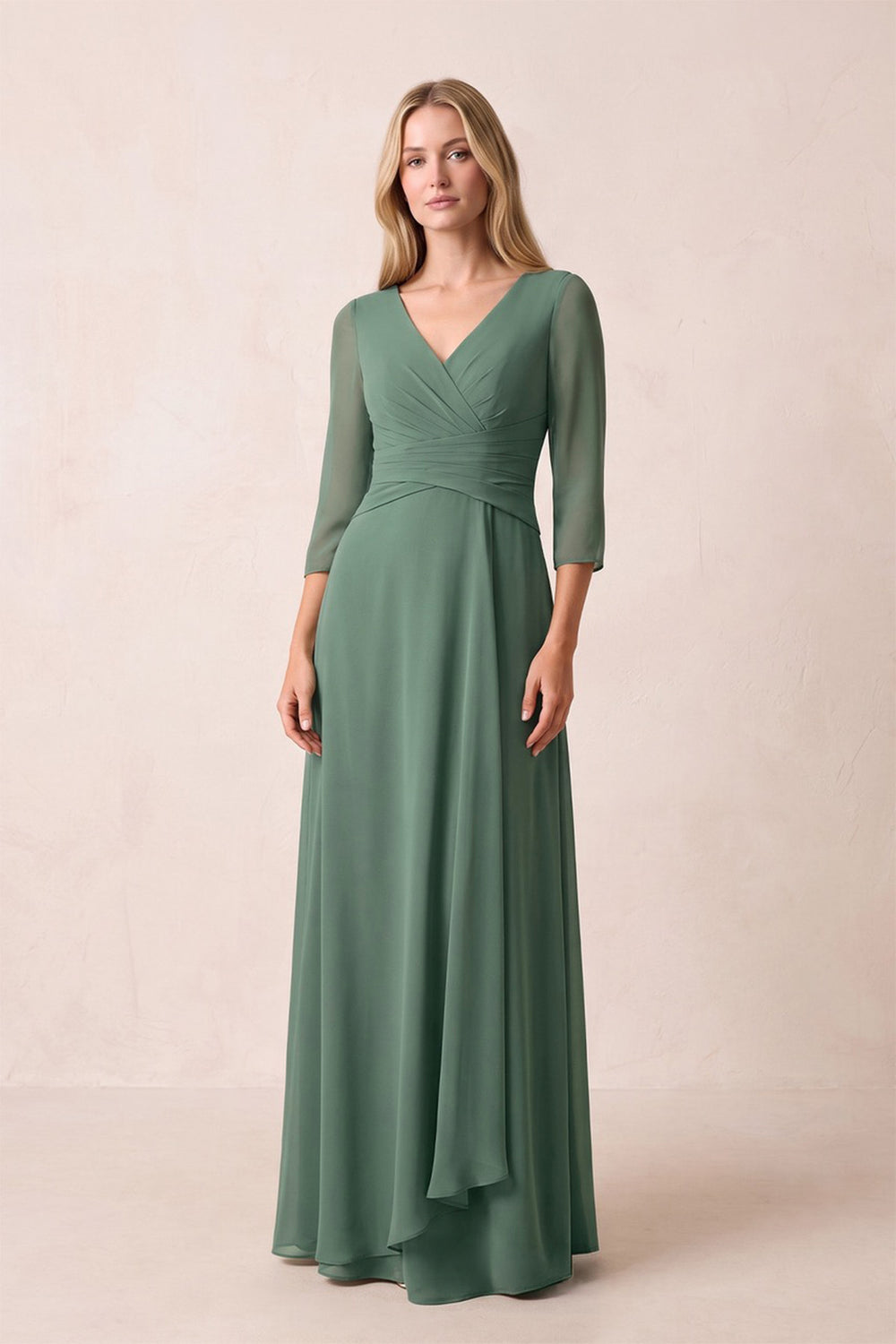 Sea Glass Pleated Chiffon A-Line V-Neck Mother of the Bride Dress