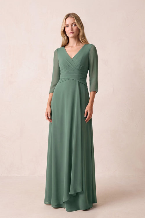 Sea Glass Pleated Chiffon A-Line V-Neck Mother of the Bride Dress | KISSBRIDAL