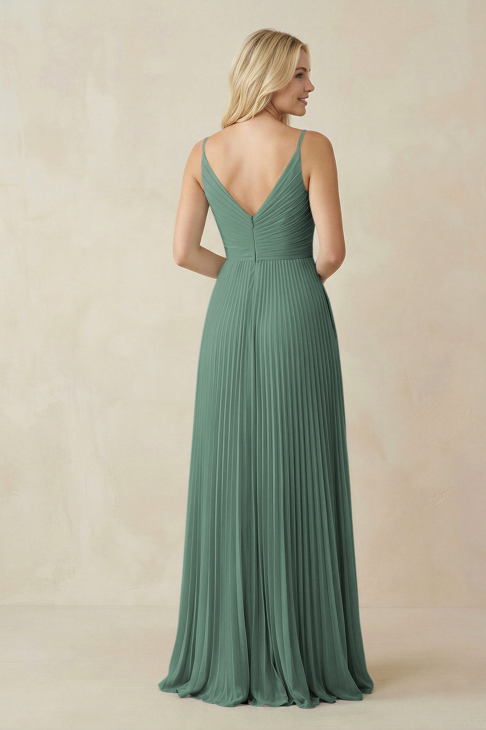 Pleated V-Neck A-Line Chiffon Bridesmaid Dress in Sea Glass