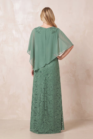 Sea Glass Round Neck Lace Sheath Chiffon Cape Sleeves Mother of the Bride Dress (2) | KISSBRIDAL