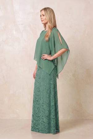 Sea Glass Round Neck Lace Sheath Chiffon Cape Sleeves Mother of the Bride Dress (3) | KISSBRIDAL