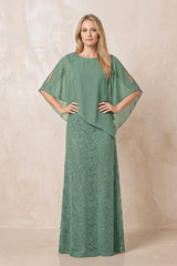 Sea Glass Round Neck Lace Sheath Chiffon Cape Sleeves Mother of the Bride Dress | KISSBRIDAL