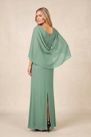 Sea Glass Round Neck Sheath Chiffon Cape Sleeves Ruched Mother of the Bride Dress (2) | KISSBRIDAL