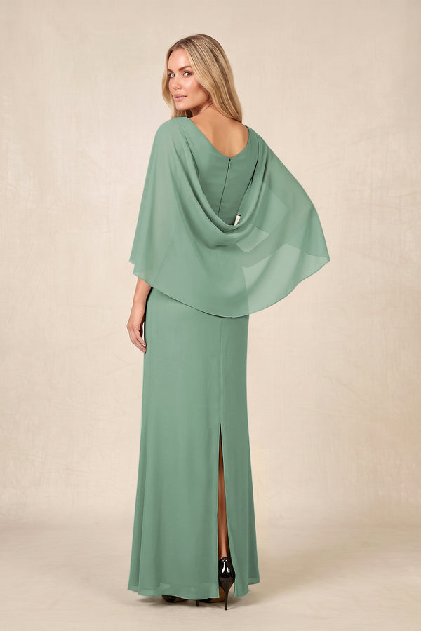 Sea Glass Round Neck Sheath Chiffon Cape Sleeves Ruched Mother of the Bride Dress (2) | KISSBRIDAL