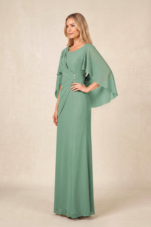 Sea Glass Round Neck Sheath Chiffon Cape Sleeves Ruched Mother of the Bride Dress (3) | KISSBRIDAL
