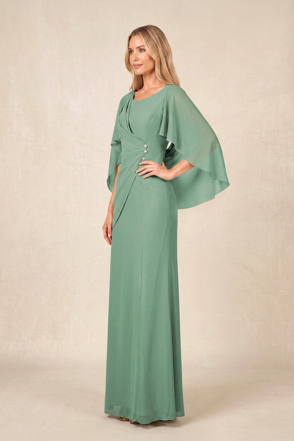 Sea Glass Round Neck Sheath Chiffon Cape Sleeves Ruched Mother of the Bride Dress (3) | KISSBRIDAL