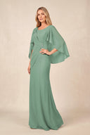Sea Glass Round Neck Sheath Chiffon Cape Sleeves Ruched Mother of the Bride Dress | KISSBRIDAL