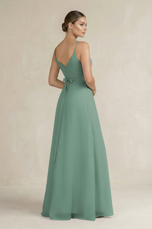 Sea Glass Ruched A-Line Chiffon Bridesmaid Dress with Slit (2) | KISSBRIDAL